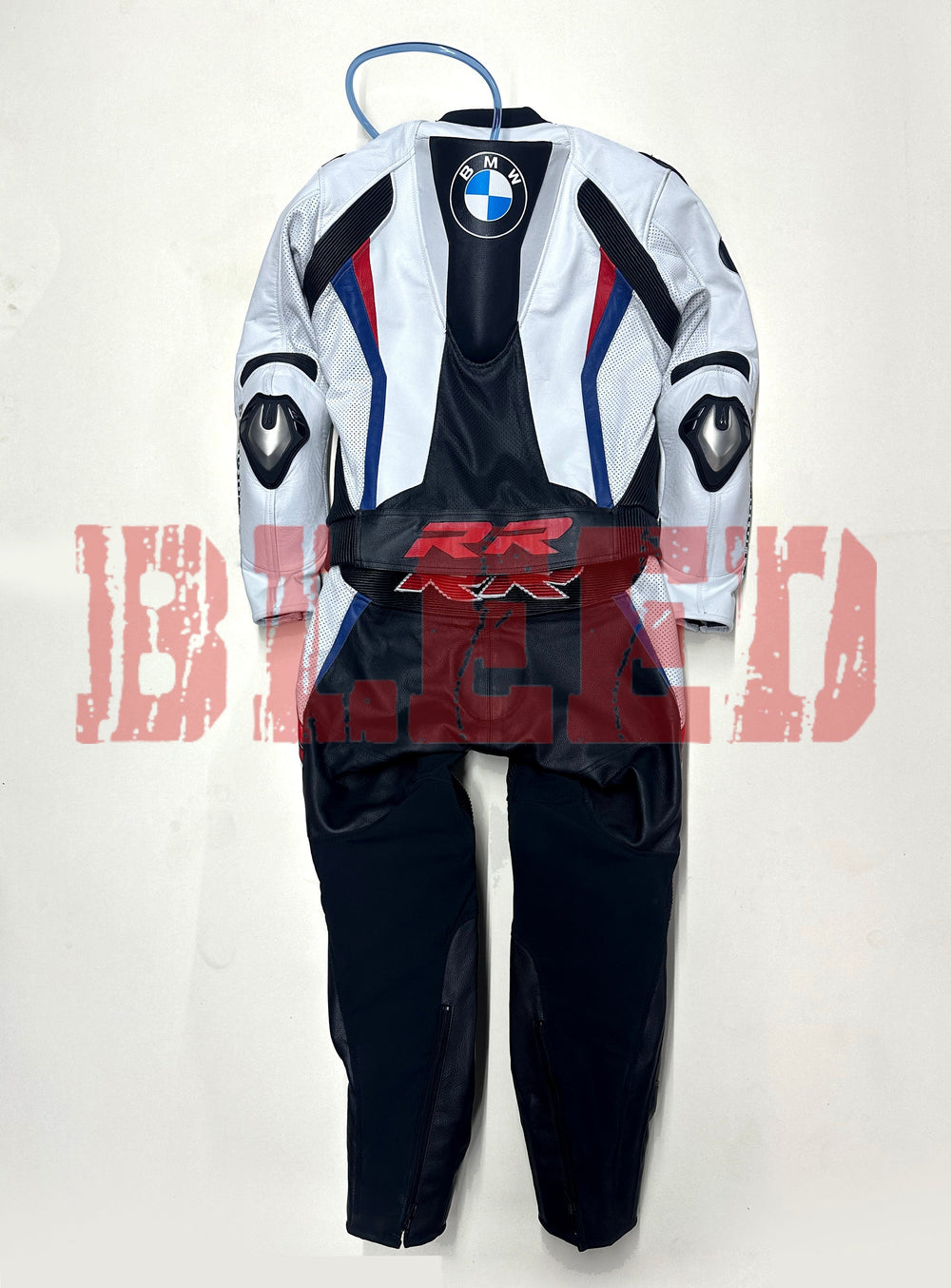 Back view of the BMW Double R Men's Motorbike Race Suit in white, black, red, and blue. Features the BMW logo on the upper back and 'RR' branding on the lower back. The suit includes reinforced padding on the shoulders, elbows, and back for enhanced protection, designed for high-performance motorcycle racing.