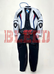 Back view of the BMW Double R Men's Motorbike Race Suit in white, black, red, and blue. Features the BMW logo on the upper back and 'RR' branding on the lower back. The suit includes reinforced padding on the shoulders, elbows, and back for enhanced protection, designed for high-performance motorcycle racing.