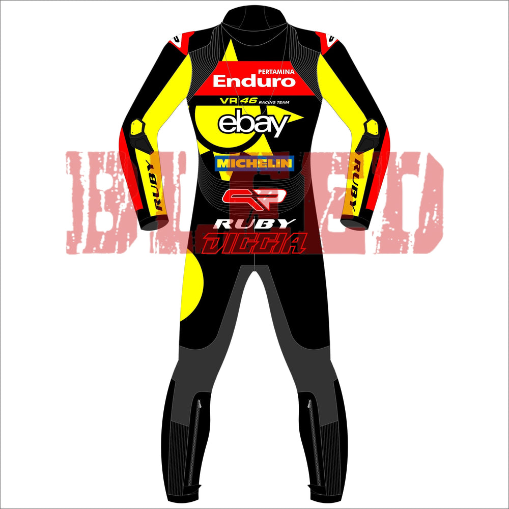 Fabio Di Giannantonio VR46 British GP 2024 MotoGP leather racing suit detail view