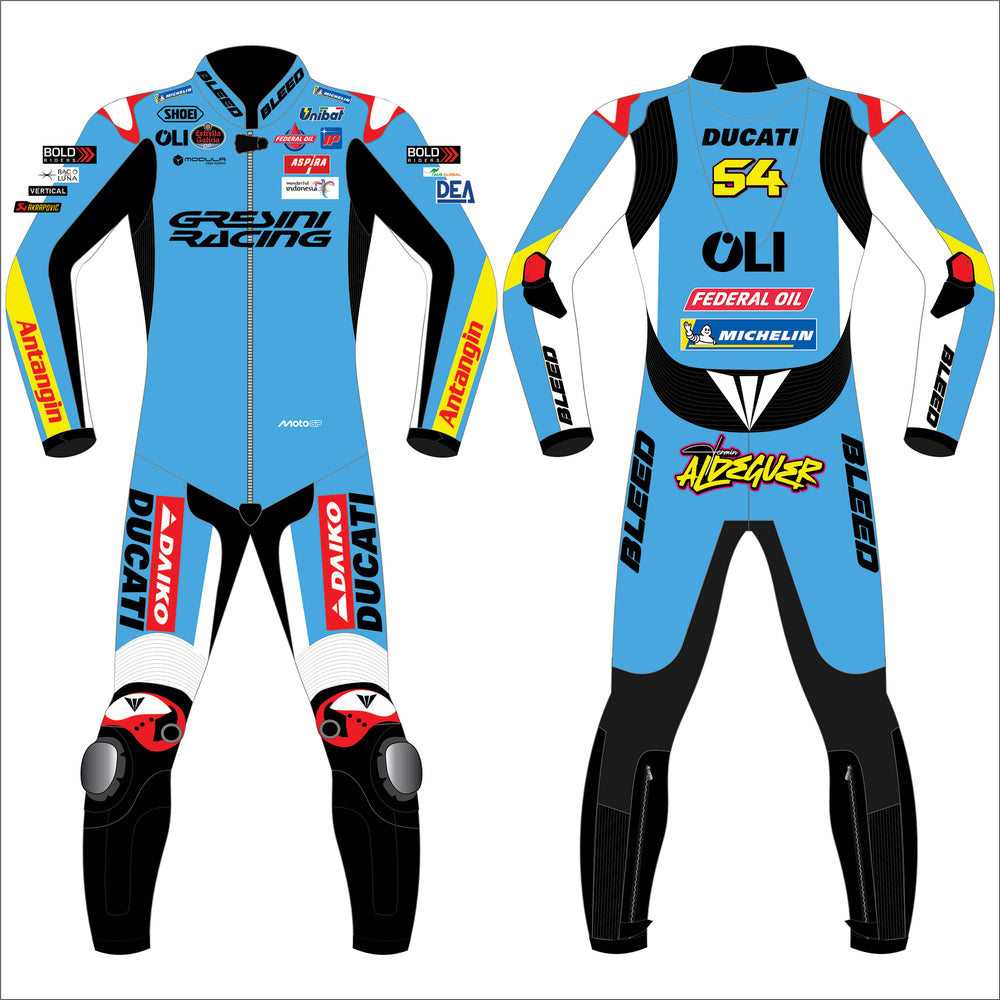 Fermin Aldeguer Ducati Gresini 2025 MotoGP leather racing suit front view