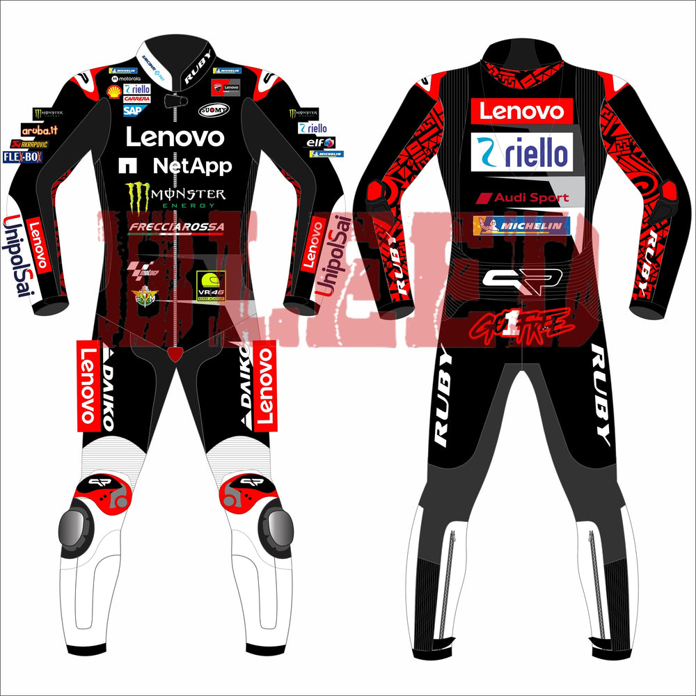 Francesco Bagnaia Ducati Lenovo British GP 2024 motorcycle leather riding suit front view
