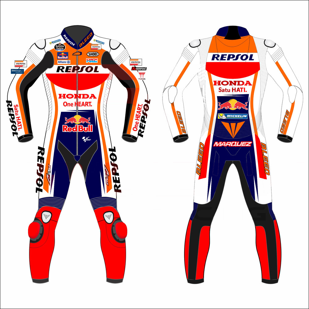 Marc Marquez Honda Repsol 2023 MotoGP leather racing suit front view