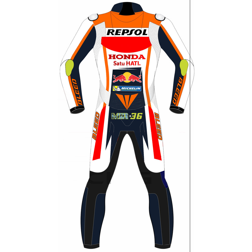 Joan Mir Honda Repsol 2023 MotoGP leather racing suit detail view