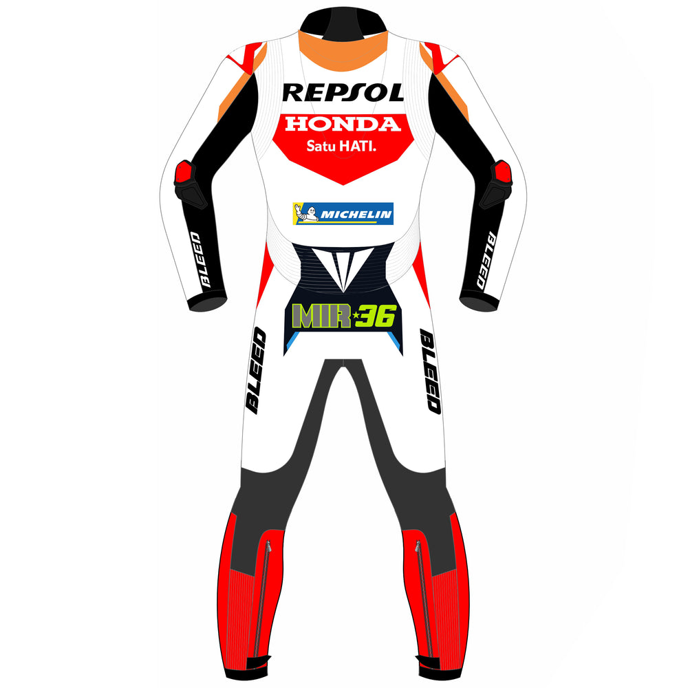 Joan Mir Honda Repsol 2024 MotoGP leather racing suit detail view