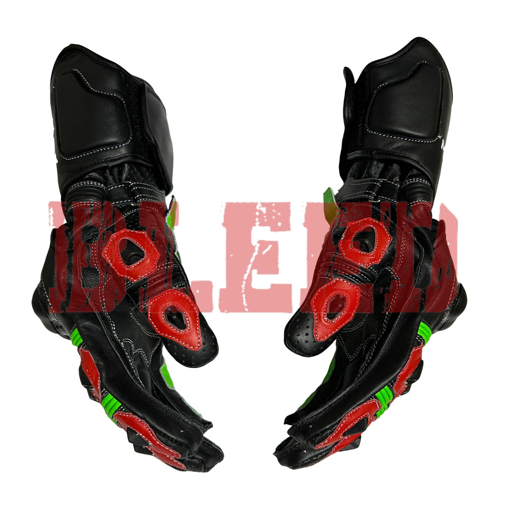 Kawasaki Monster Energy motorbike leather racing gloves back view