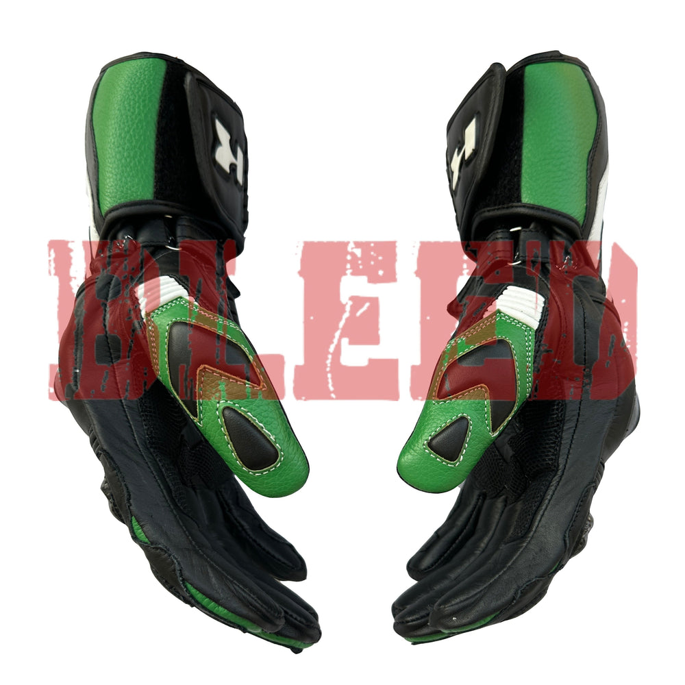Kawasaki Ninja motorbike leather racing gloves back view