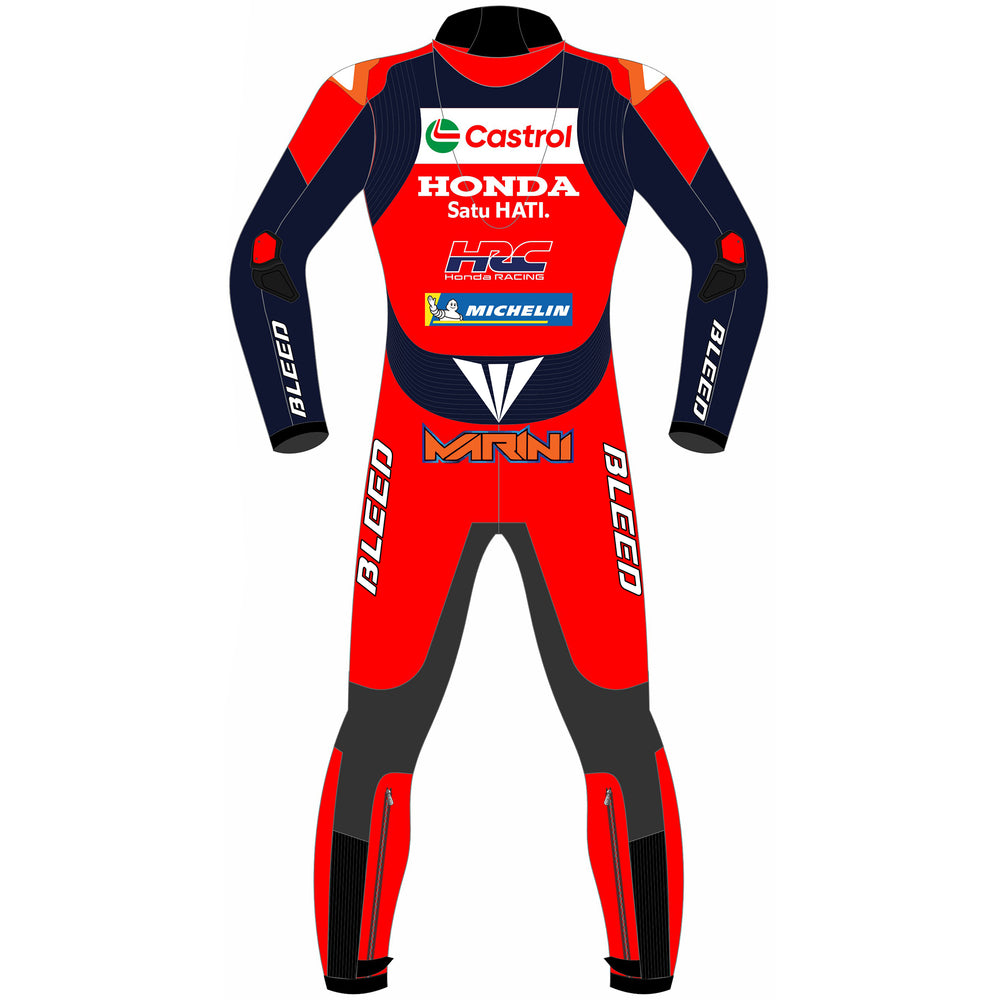 Luca Marini Honda Castrol 2025 MotoGP leather racing suit detail view