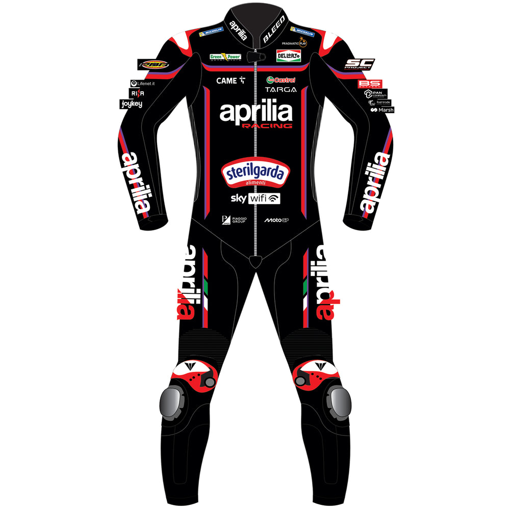 Marco Bezzecchi Aprilia Racing 2025 MotoGP leather racing suit back view