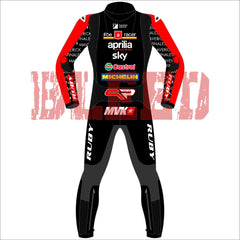 Maverick Vinales Aprilia British GP 2024 MotoGP leather racing suit detail view
