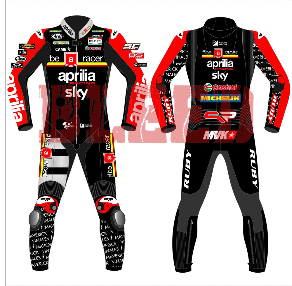Maverick Vinales Aprilia British GP 2024 MotoGP leather racing suit front view