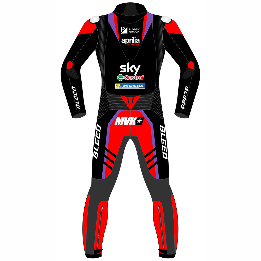 Maverick Vinales Aprilia Racing 2024 MotoGP leather racing suit detail view