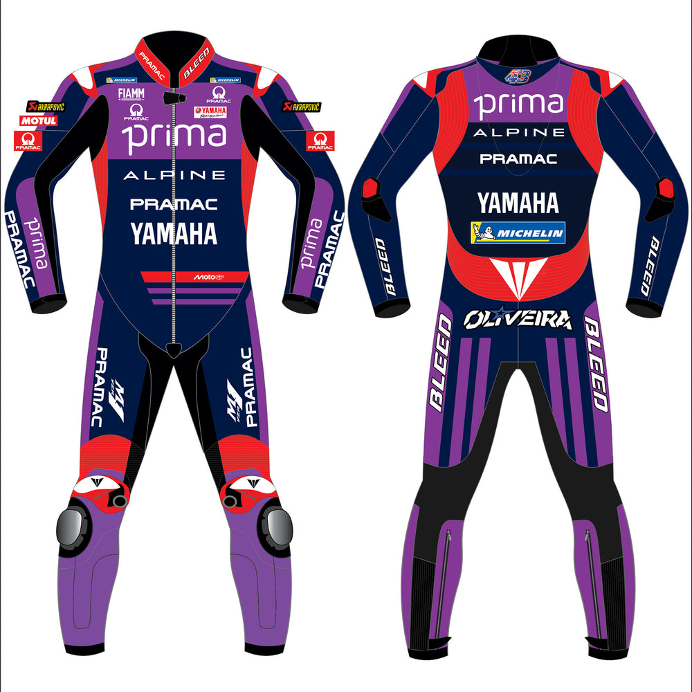 Miguel Oliveira Prima Pramac Yamaha 2025 MotoGP leather racing suit front view