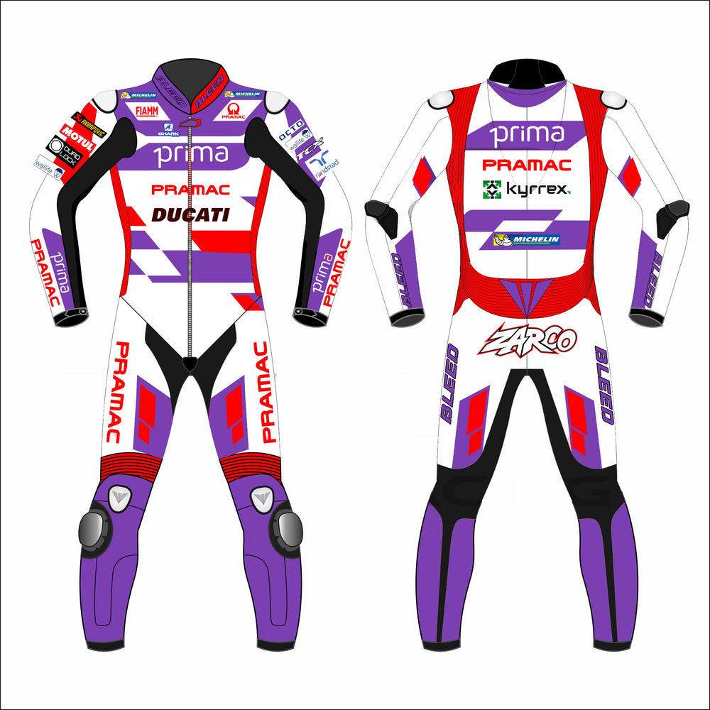 Johann Zarco Ducati Pramac 2023 MotoGP leather racing suit front view