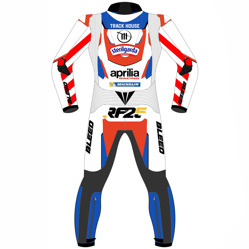 Raul Fernandez Aprilia Trackhouse 2024 MotoGP leather racing suit detail view