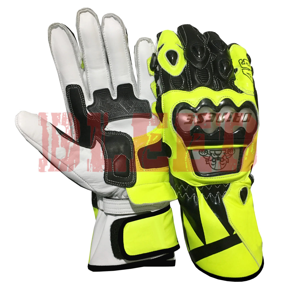 Valentino Rossi VR46 motorbike leather racing gloves detail view