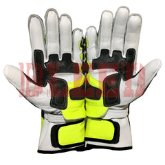 Valentino Rossi VR46 motorbike leather racing gloves close up