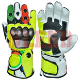 Mens motorbike leather racing gloves VR46 style front view