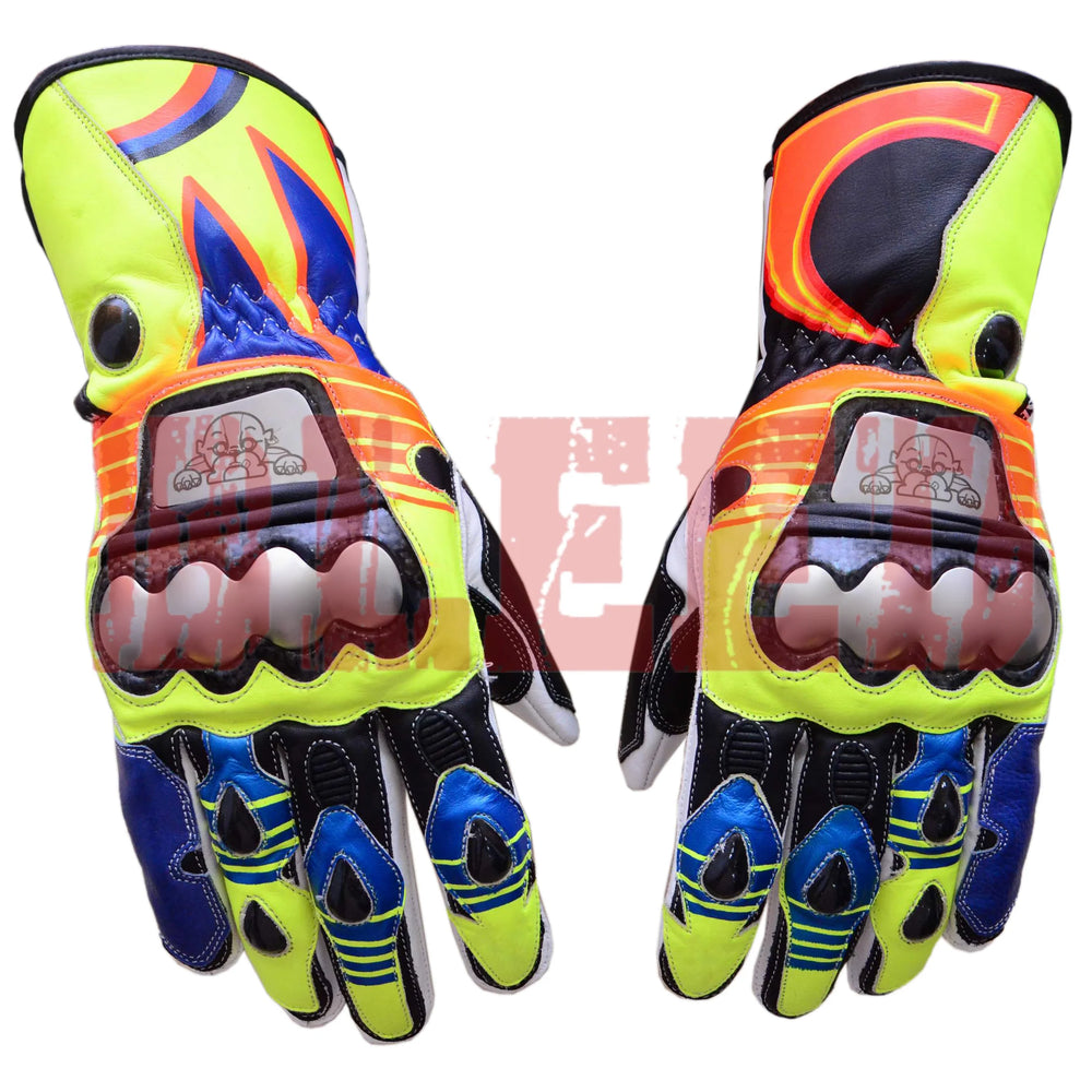 Valentino Rossi classic motorbike leather racing gloves front view
