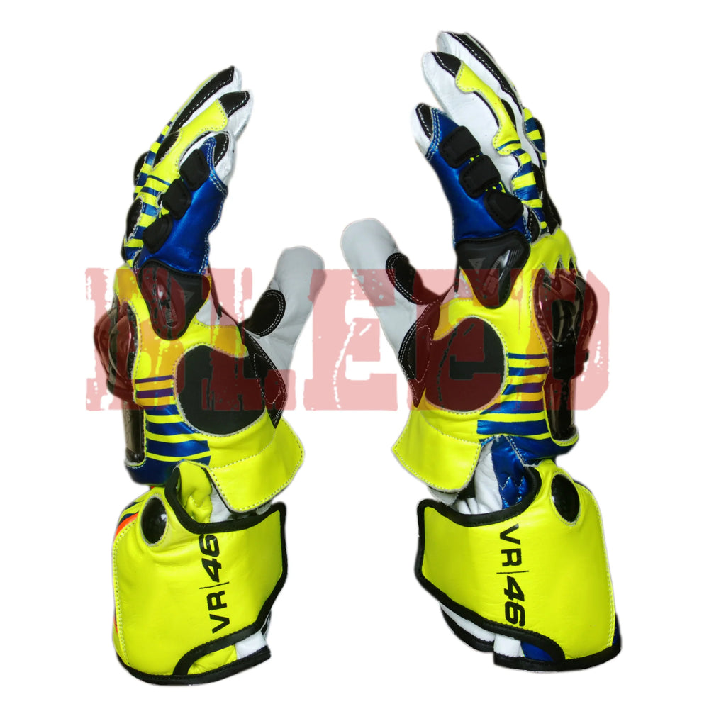 Valentino Rossi classic motorbike leather racing gloves detail view