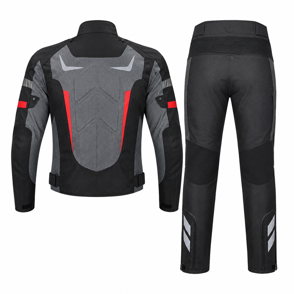 Apex textile motorcycle riding suit grey black red front view with CE armor