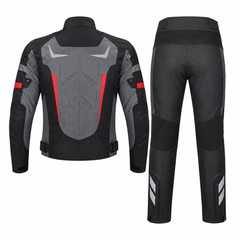 Apex textile motorcycle riding suit grey black red front view with CE armor
