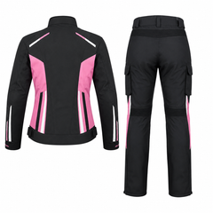 Aurora women's sport textile motorcycle riding suit black pink back view with CE armor