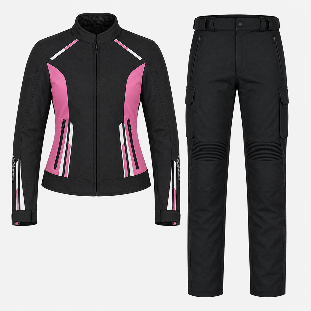 Aurora women's sport textile motorcycle riding suit black pink front view with CE armor
