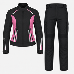 Aurora women's sport textile motorcycle riding suit black pink front view with CE armor