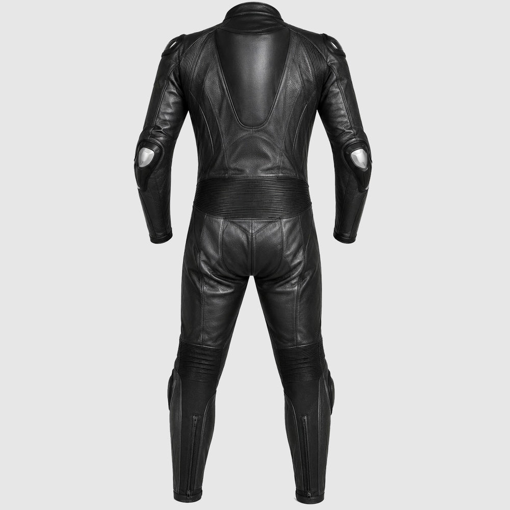 Black leather motorcycle racing suit shown from the back, featuring integrated protective armor plates on the shoulders, elbows, and shins, displayed on a light gray background.