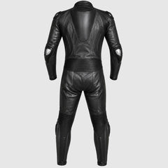 Black leather motorcycle racing suit shown from the back, featuring integrated protective armor plates on the shoulders, elbows, and shins, displayed on a light gray background.
