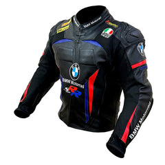 A black leather motorcycle racing jacket with BMW Motorrad branding, featuring blue and red accents, shown on a plain white background.