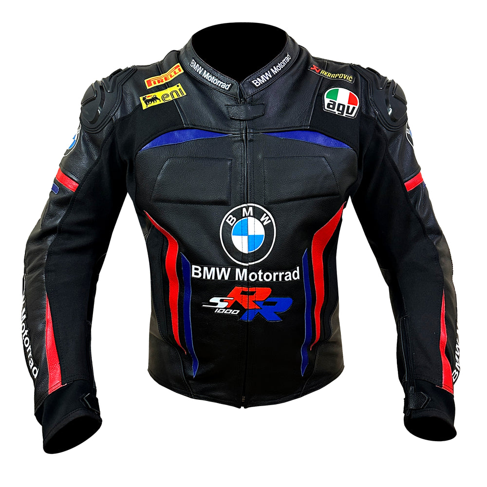 Black leather BMW Motorrad racing jacket with blue and red accents, featuring the BMW logo and various sponsor patches on a white background.