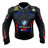 Black leather BMW Motorrad racing jacket with blue and red accents, featuring the BMW logo and various sponsor patches on a white background.