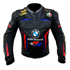 Black leather BMW Motorrad racing jacket with blue and red accents, featuring the BMW logo and various sponsor patches on a white background.