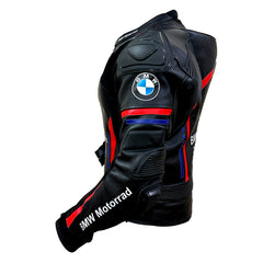 Black leather BMW Motorrad racing jacket with red and blue stripes, featuring the BMW roundel logo on the upper arm and 'BMW Motorrad' text on the lower sleeve, shown against a plain white background.
