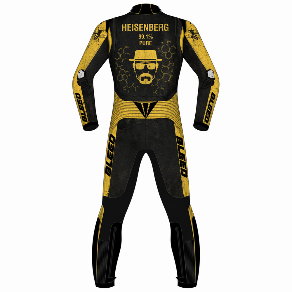 Breaking Bad Heisenberg custom motorcycle leather racing suit back view in black and yellow with Heisenberg graphic and speed hump
