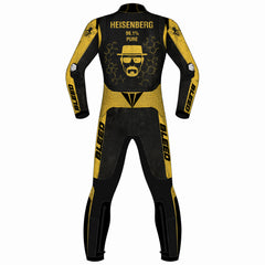 Breaking Bad Heisenberg custom motorcycle leather racing suit back view in black and yellow with Heisenberg graphic and speed hump
