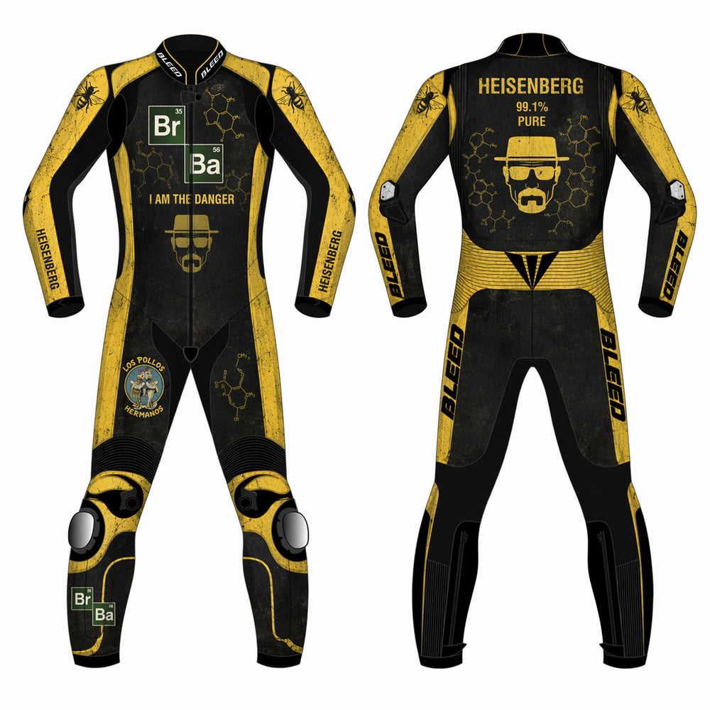 Breaking Bad Heisenberg custom motorcycle leather racing suit front and back view in black and yellow
