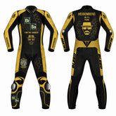 Breaking Bad Heisenberg custom motorcycle leather racing suit front and back view in black and yellow
