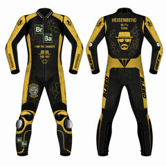 Breaking Bad Heisenberg custom motorcycle leather racing suit front and back view in black and yellow