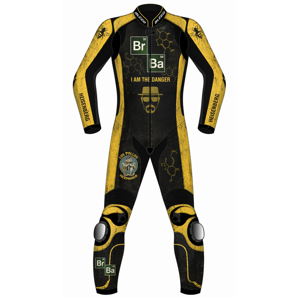 Breaking Bad Heisenberg custom motorcycle leather racing suit front view in distressed black and yellow with chemistry graphics and knee sliders