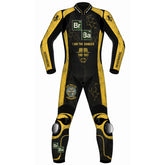 Breaking Bad Heisenberg custom motorcycle leather racing suit front view in distressed black and yellow with chemistry graphics and knee sliders