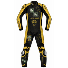 Breaking Bad Heisenberg custom motorcycle leather racing suit front view in distressed black and yellow with chemistry graphics and knee sliders