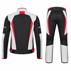 Cafe street textile motorcycle riding suit white black red back view with CE armor