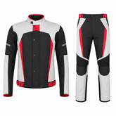 Cafe street textile motorcycle riding suit white black red front view with CE armor