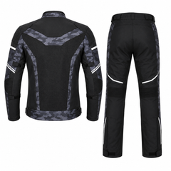 Camo mesh adventure textile motorcycle suit back view in grey camo and black with mesh panels, reflective detail and CE armor