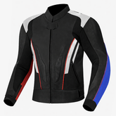 black red blue motorcycle leather jacket front view with sport racing design