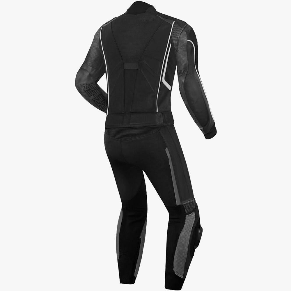 black biker suit with grey accents rear view leather gear