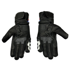A pair of black leather motorcycle gloves shown from the back, featuring white protective padding on the knuckles and back of hand, black grip panels, and white stitching, set against a plain white background.