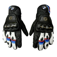 Custom BMW S1000RR black and white motorcycle leather racing gloves with knuckle protection
